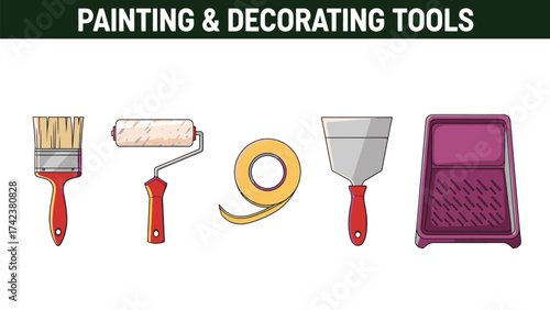 Illustration of brush roller tape scraper and tray for artwork use bundle design