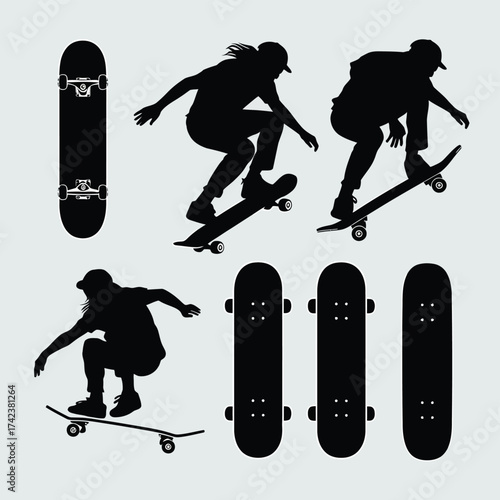 Vector illustration set of skateboarder silhouettes performing tricks and skateboards scalable eps graphic silhouette White background