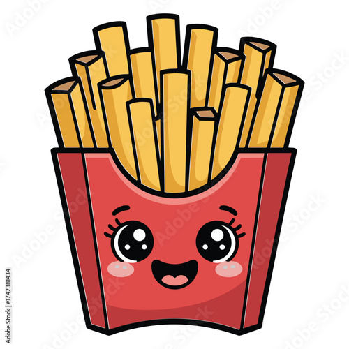 Cute kawaii french fries character with happy face in red cardboard container