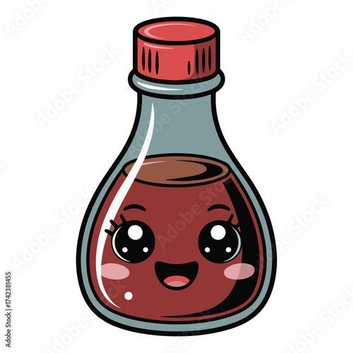 Cute kawaii soy sauce bottle with happy face and blushing cheeks