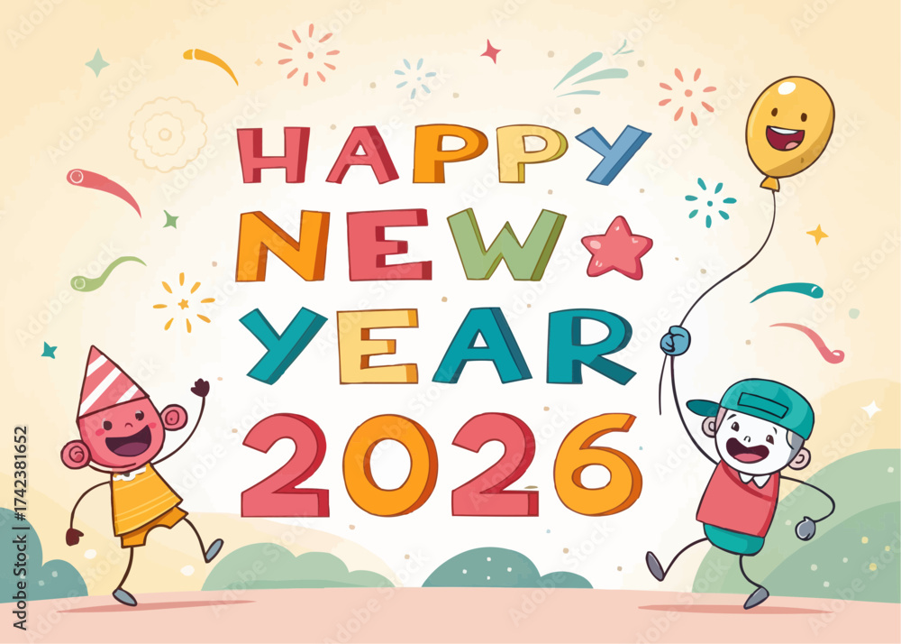 Fototapeta premium Happy new year 2026 celebration with two cartoon kids, a balloon, and confetti on a light yellow background