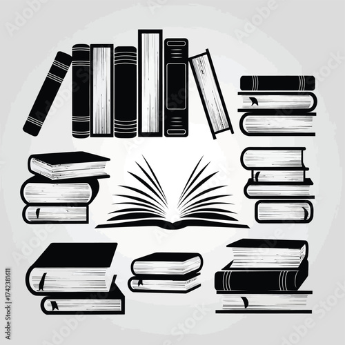 Vector illustration of a diverse collection of books and open book for literary projects scalable eps graphic silhouette White background