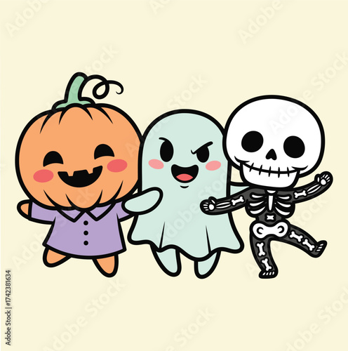 Cute cartoon pumpkin ghost and skeleton characters smiling and dancing together happily isolated on white background