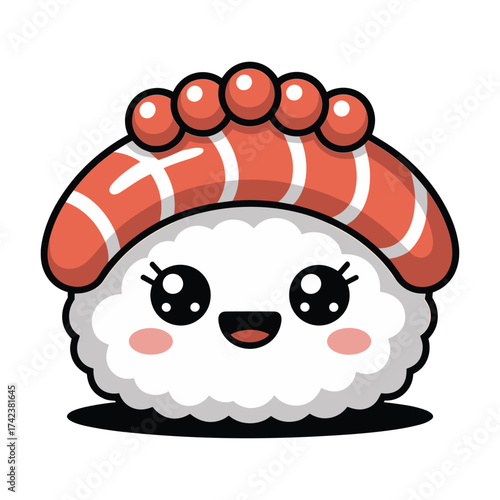 Cute kawaii sushi nigiri character with salmon roe and smiling face