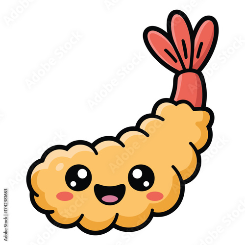 Cute kawaii ebi fry shrimp tempura character with big eyes and happy smile