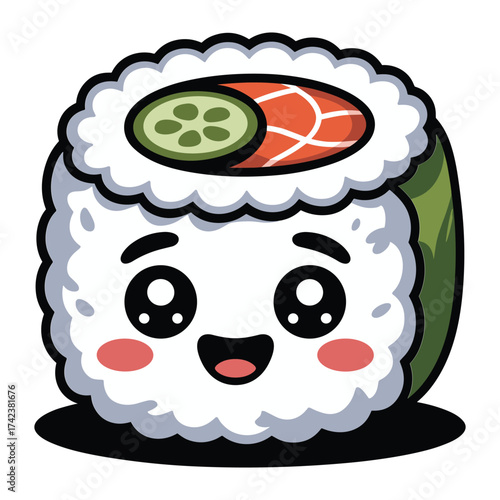 Cute kawaii sushi roll character with happy face and salmon topping