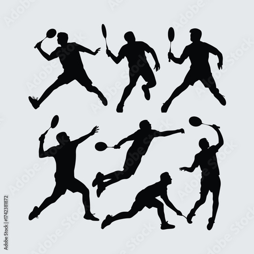 Dynamic badminton player silhouettes vector illustration scalable eps icon set for sports graphics silhouette White background