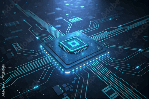 Close up of a central processing unit with blue light emitting from the circuit board and the chip