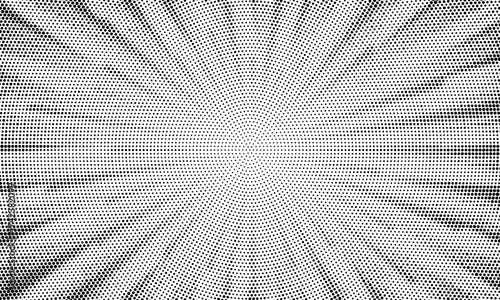 Abstract halftone sunburst background. Pop art comic book strip cover design. Explosion, isolated retro style comics radial background.