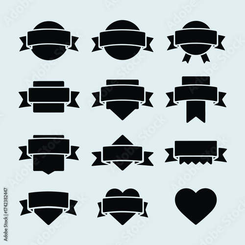Collection of black vector badges ribbons and heart shapes for declarative design elements eps silhouette White background