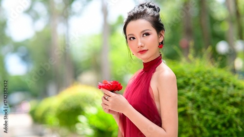 Elegant Asian woman in red backless dress posing gracefully in green park under natural sunlight