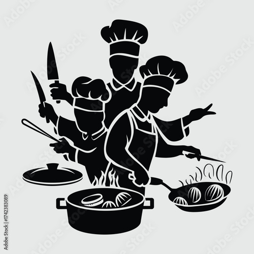 Scalable vector illustration of a diverse culinary team of chefs preparing food professionally silhouette White background