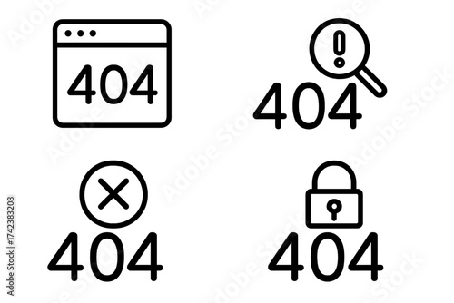 Website error 404 page not found vector line icon set. Internet connection problem. Disconnected or broken link alert sign. System failure and network security concept.