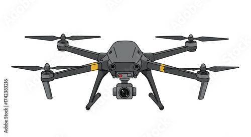 Gray Drone with Camera and Yellow Accents Illustration.