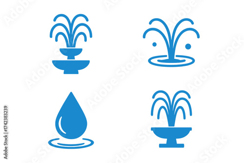 Fountain icon set vector graphic. Water drop and splash symbol collection. Park and garden water feature design element. Blue liquid spray and ripple silhouette illustration.