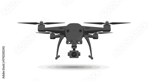 Modern Gray Drone with Camera and Four Propellers.