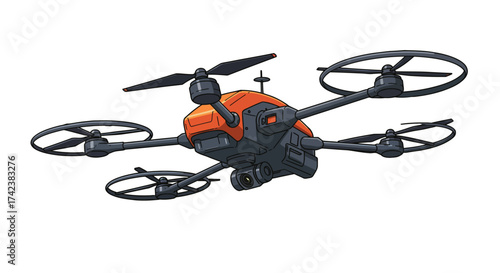 Orange and Gray Quadcopter Drone with Camera Illustration.