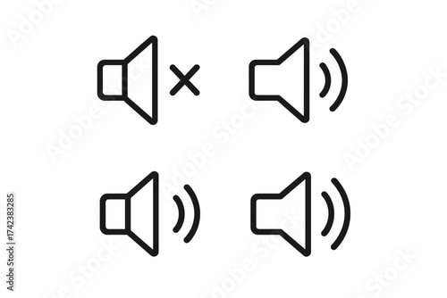 Sound volume control icon set. Audio speaker symbols for mute, sound on, and volume levels. Vector line icons for app and web user interface design. Media player element.
