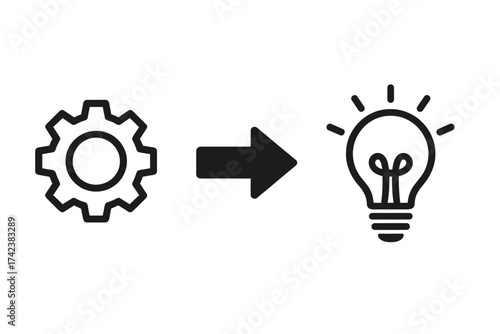 Process of idea creation icon. From problem to solution, from gear to lightbulb. Business innovation, creativity, and development concept. Solution, solve, resolution vector.