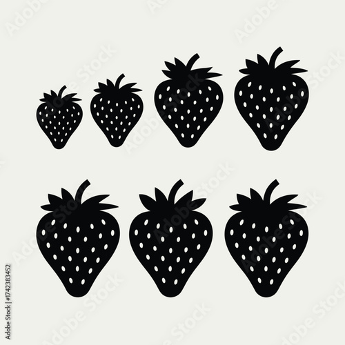 Scalable vector illustration set of six stylized black strawberry icons for declarative design projects silhouette White background