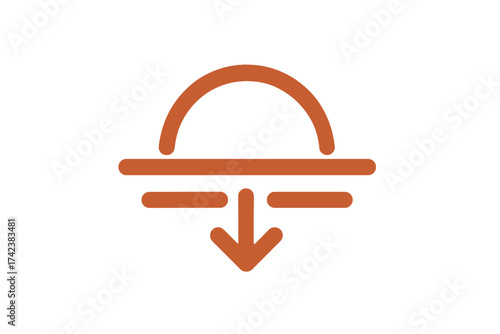 Sunset icon sun with arrow down symbol. Sundown logo for weather app. Decline or decrease concept. Vector illustration evening dusk sign. End of day simple line art.