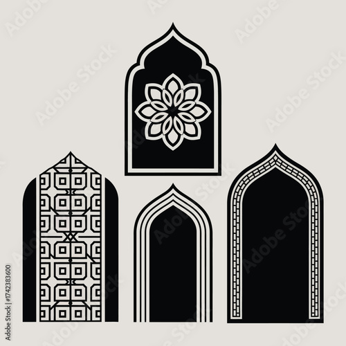 Set of ornate islamic archway and window vector illustrations scalable for architectural design and graphic projects silhouette White background