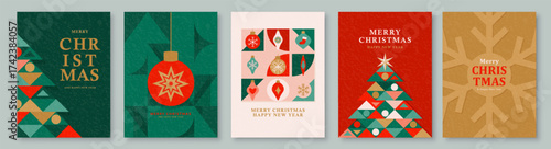 Christmas backgrounds set vector illustration. Modern greeting merry xmas and happy new year with typography, christmas tree, ball, snowflake. Winter geometric pattern with textured effect