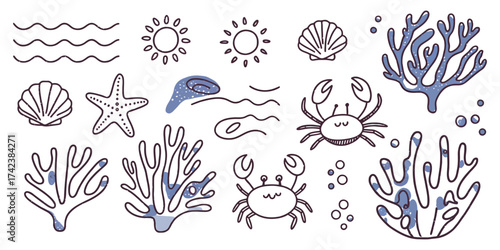 Hand-drawn set of marine ocean life elements. Cute doodle illustrations of crabs, corals, seashells, and summer beach symbols