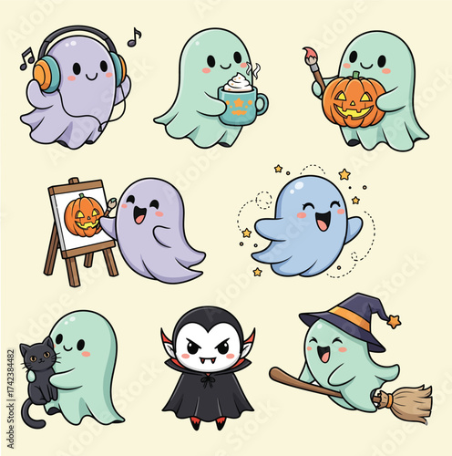 Collection of cute cartoon ghosts in various halloween activities and poses isolated on white background