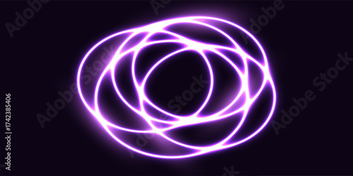 Abstract futuristic circle glowing purple light lines with speed blur effect on black background. Vector