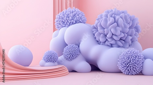 Abstract pastel scene with cloud shapes and floral elements render