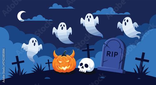 Spooky ghost friends and Halloween icons in a dark graveyard under the moonlight.