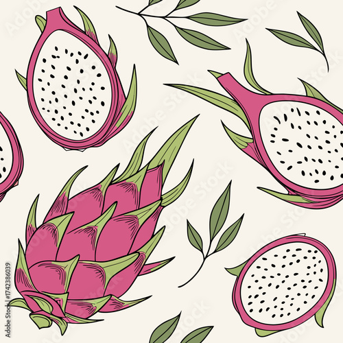 Seamless pattern of dragon fruit and leaves