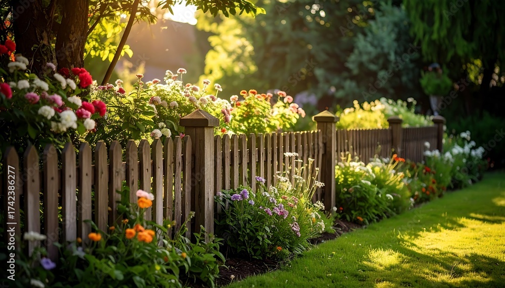 Fototapeta premium Sunlit Garden Fence with Blooming Flowers and Lush Greenery.