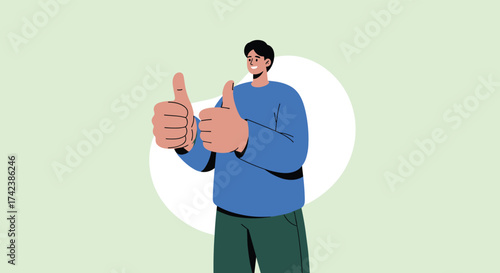 Man gives two thumbs up with a happy expression on his face.