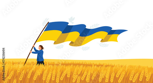 A person holding a Ukrainian flag in a wheat field.