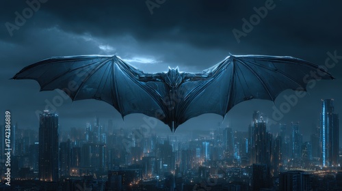Metallic Bat Figure Over Dark Cityscape