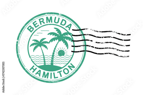 Vintage bermuda hamilton postmark with palm trees and waves