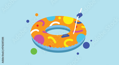 A colorful inflatable ring with a stick pierced through it on a light blue background with small circles floating around it.