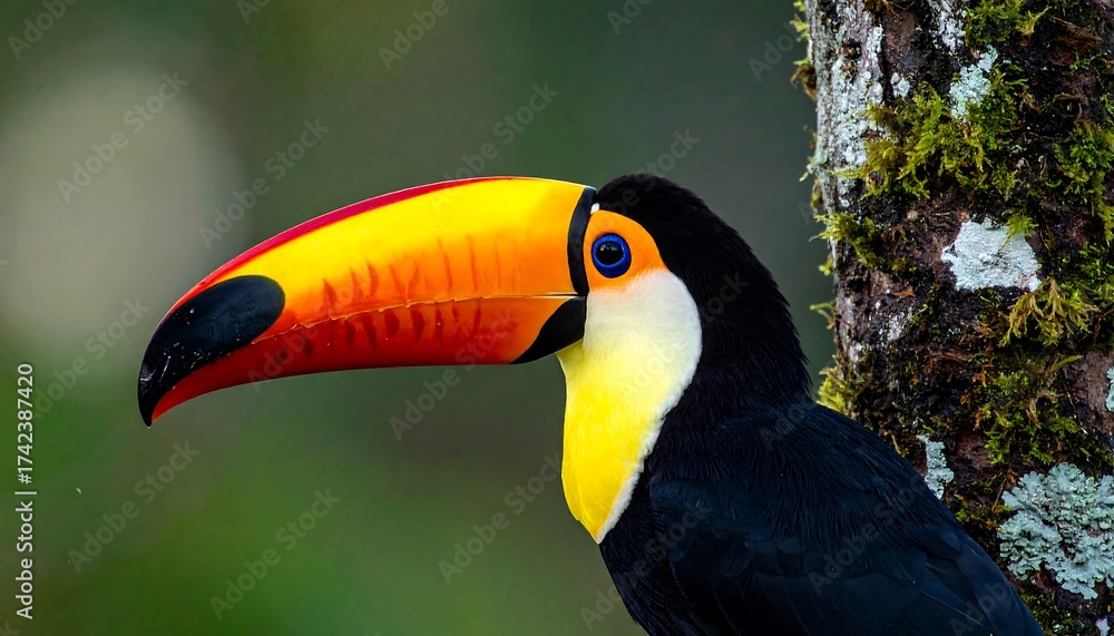 Naklejka premium Close-up of a Toco Toucan Perched on a Tree Branch.