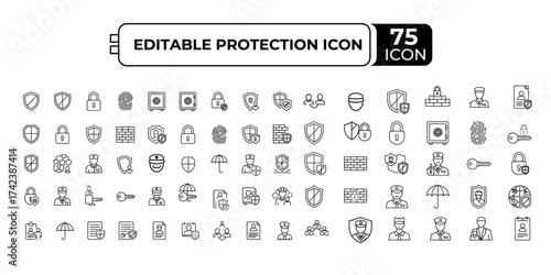 Protection Icons: A comprehensive set of editable protection icons, perfectly crafted to convey themes of safety, security, and safeguarding digital information. 