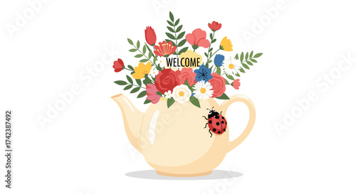 A teapot overflowing with a vibrant bouquet of flowers and a ladybug.