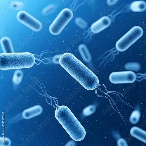 Closeup of blue bacteria cells with flagella, representing microscopic organisms