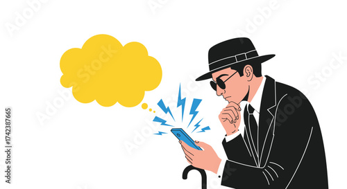 A thoughtful detective in a suit and hat examines his phone with a question bubble above.