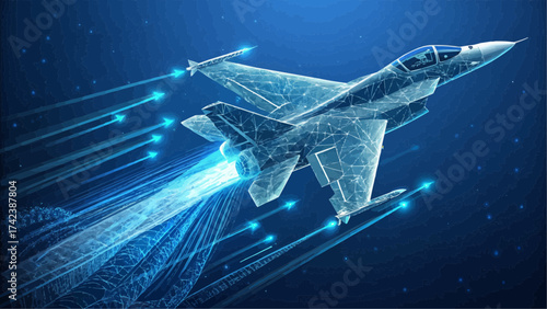 Illustration of a fighter jet with a polygonal design and blue energy trails on a dark blue background