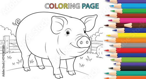 A happy farm animal pig standing in a field ready for coloring.