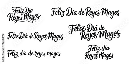 Festive Three Kings Day Greetings Variety of Stylish Calligraphic Designs Celebrating Feliz Dia de Reyes Magos in Spanish