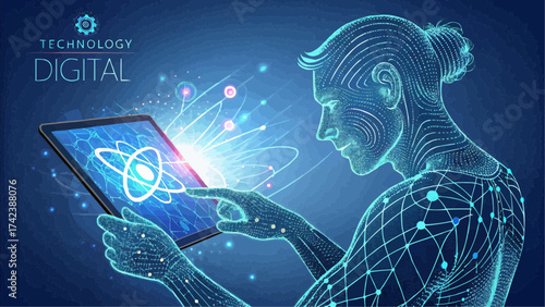 Digital human figure interacting with a tablet displaying an atom symbol on a blue technology background