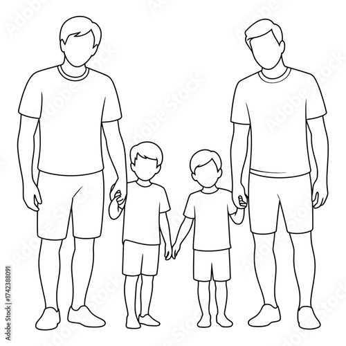 Vector illustration of two fathers and two sons holding hands family concept silhouette White background