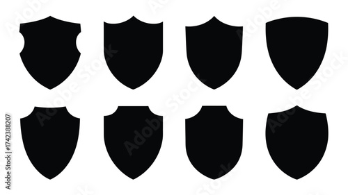 Collection of diverse black shield shapes vector illustration scalable eps icon set for security emblem silhouette White background